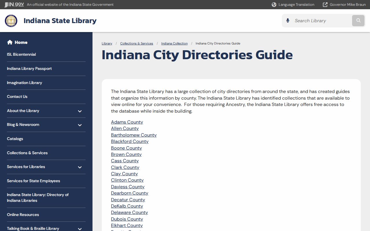 Indiana State Library city directory guide used to check Boone County and Zionsville coverage