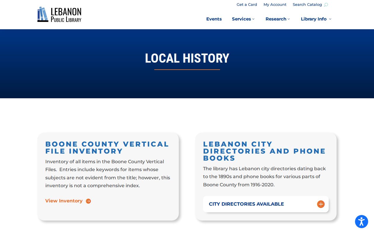 Lebanon Public Library Heritage Center local history collection for Boone County directories