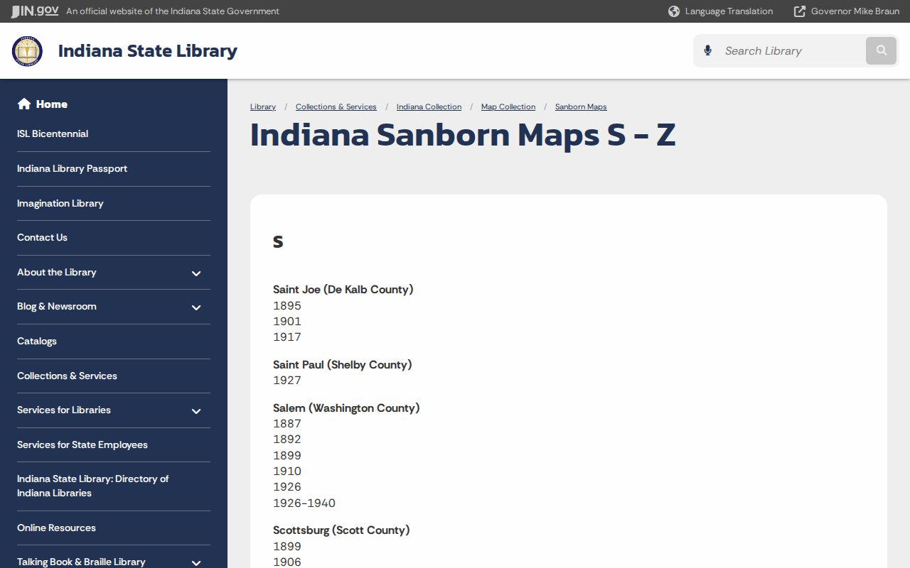 Indiana State Library list of Zionsville Sanborn map years for directory address research