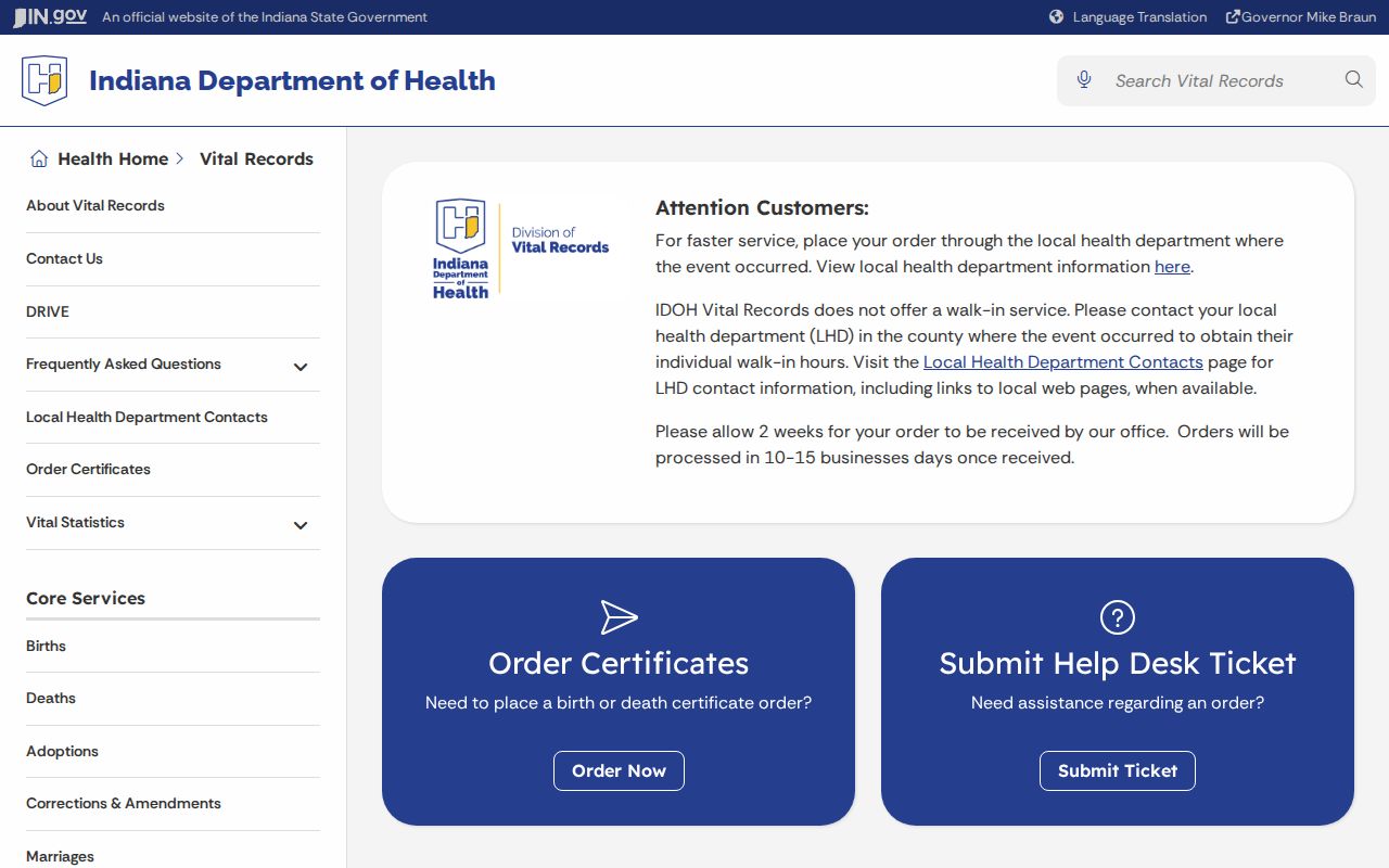 Indiana vital records access information for Zionsville research
