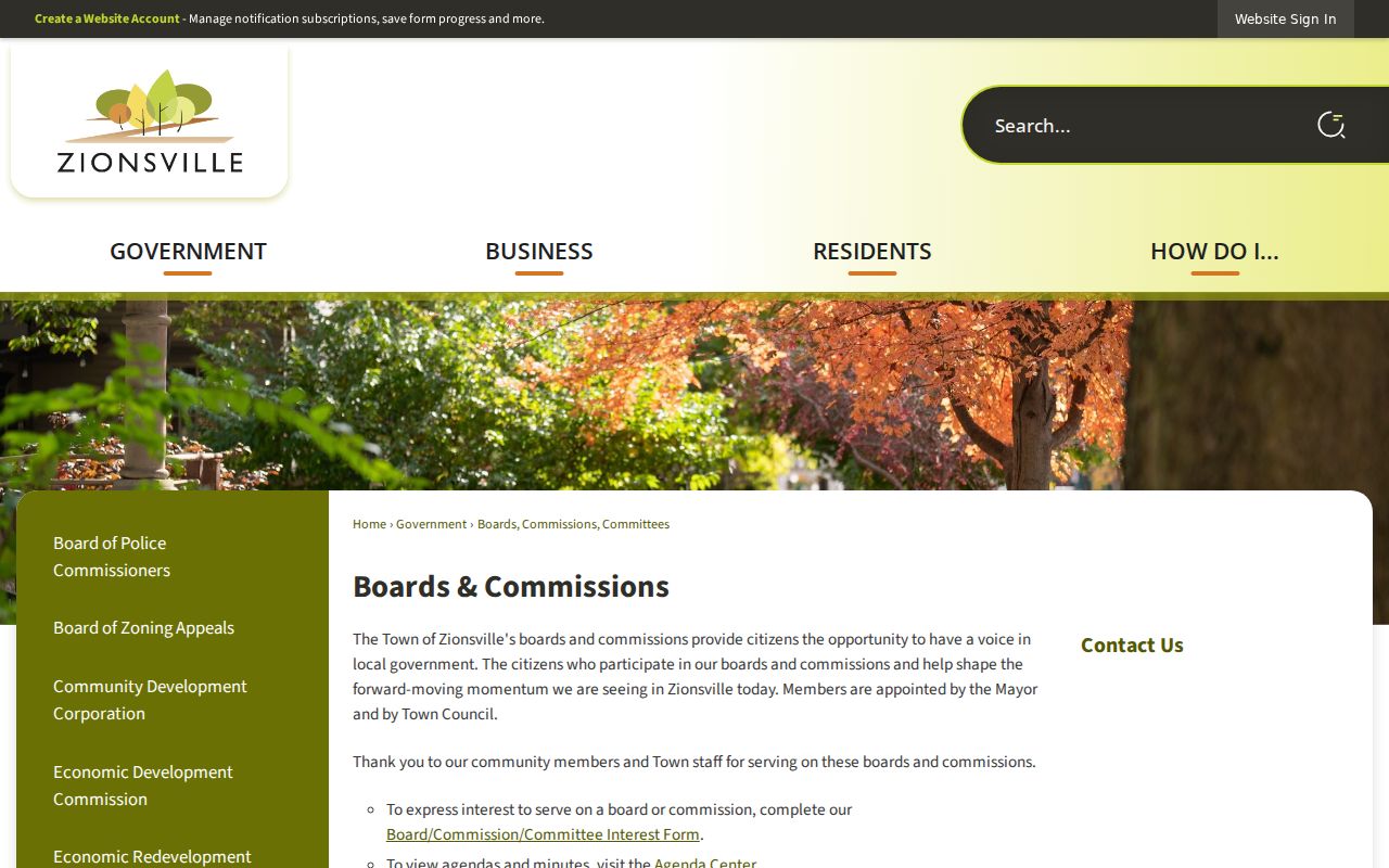 Zionsville boards commissions and committees page for public civic rosters