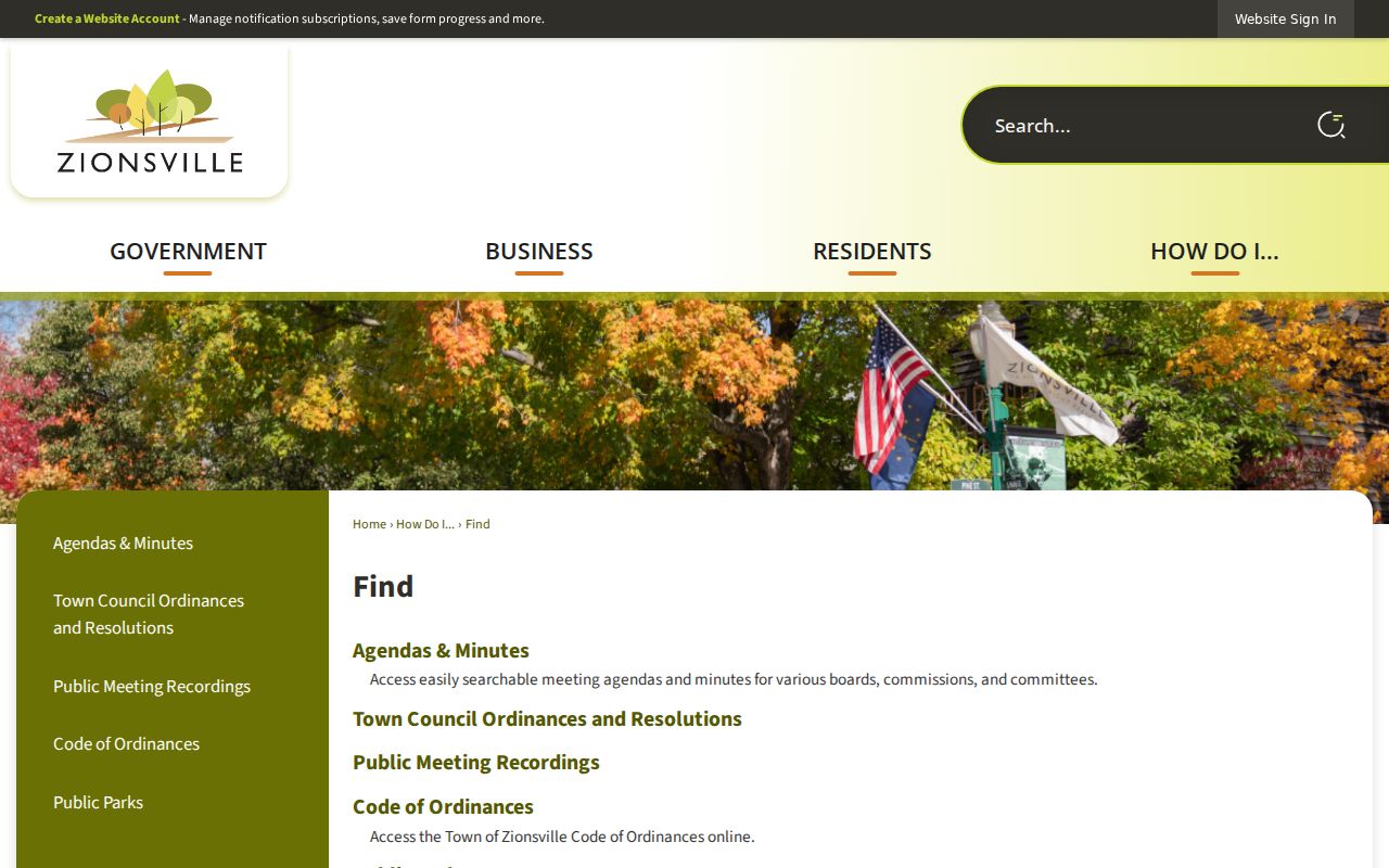 Zionsville town civic records and meeting finder for neighborhood research