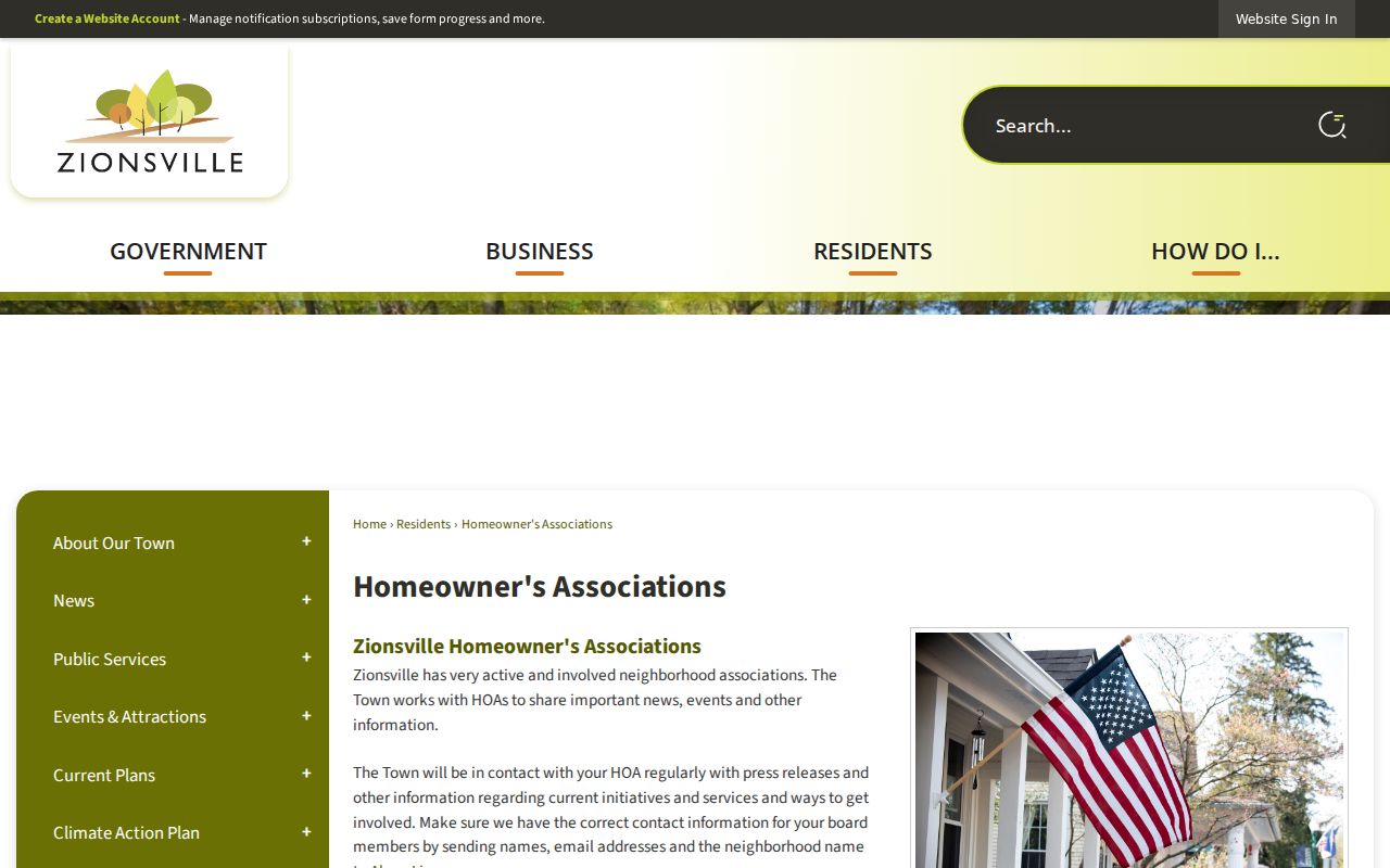 Town of Zionsville homeowners association resource page