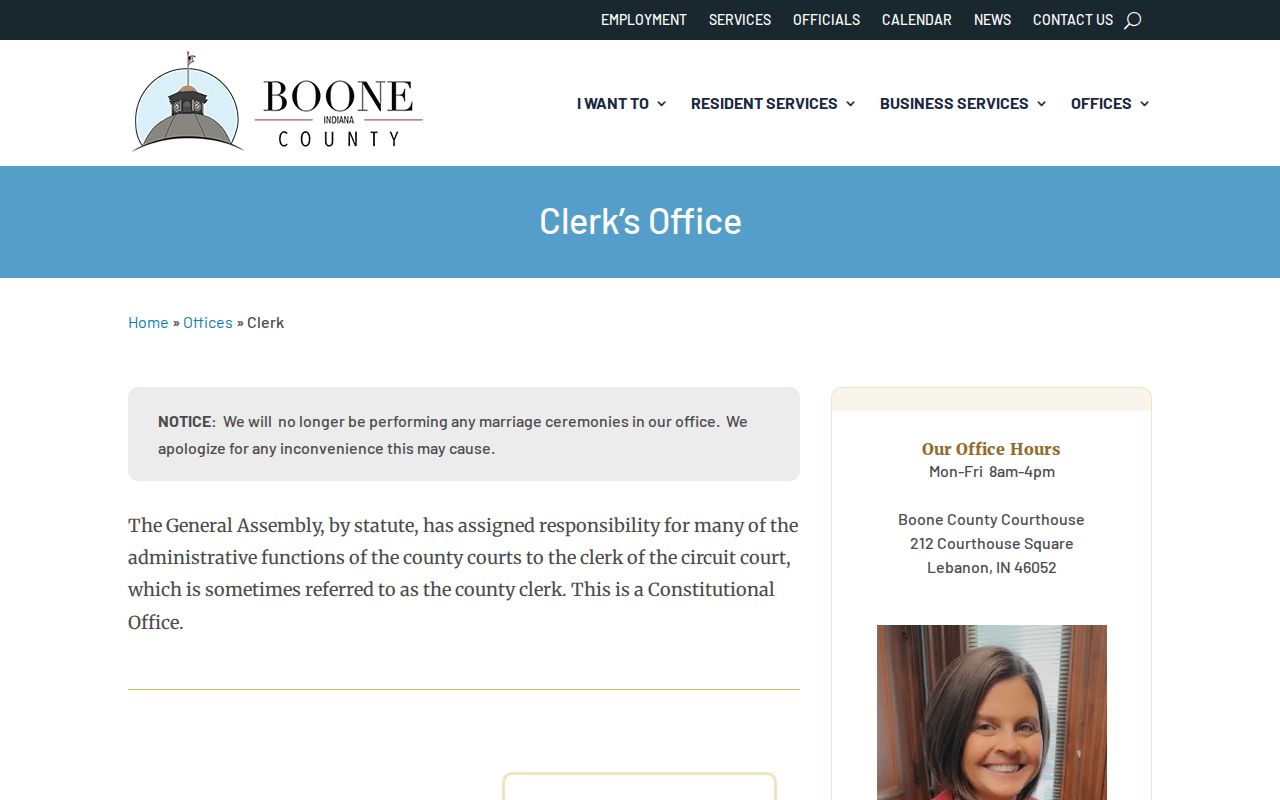 Boone County Clerk page for Zionsville court, marriage, and election records