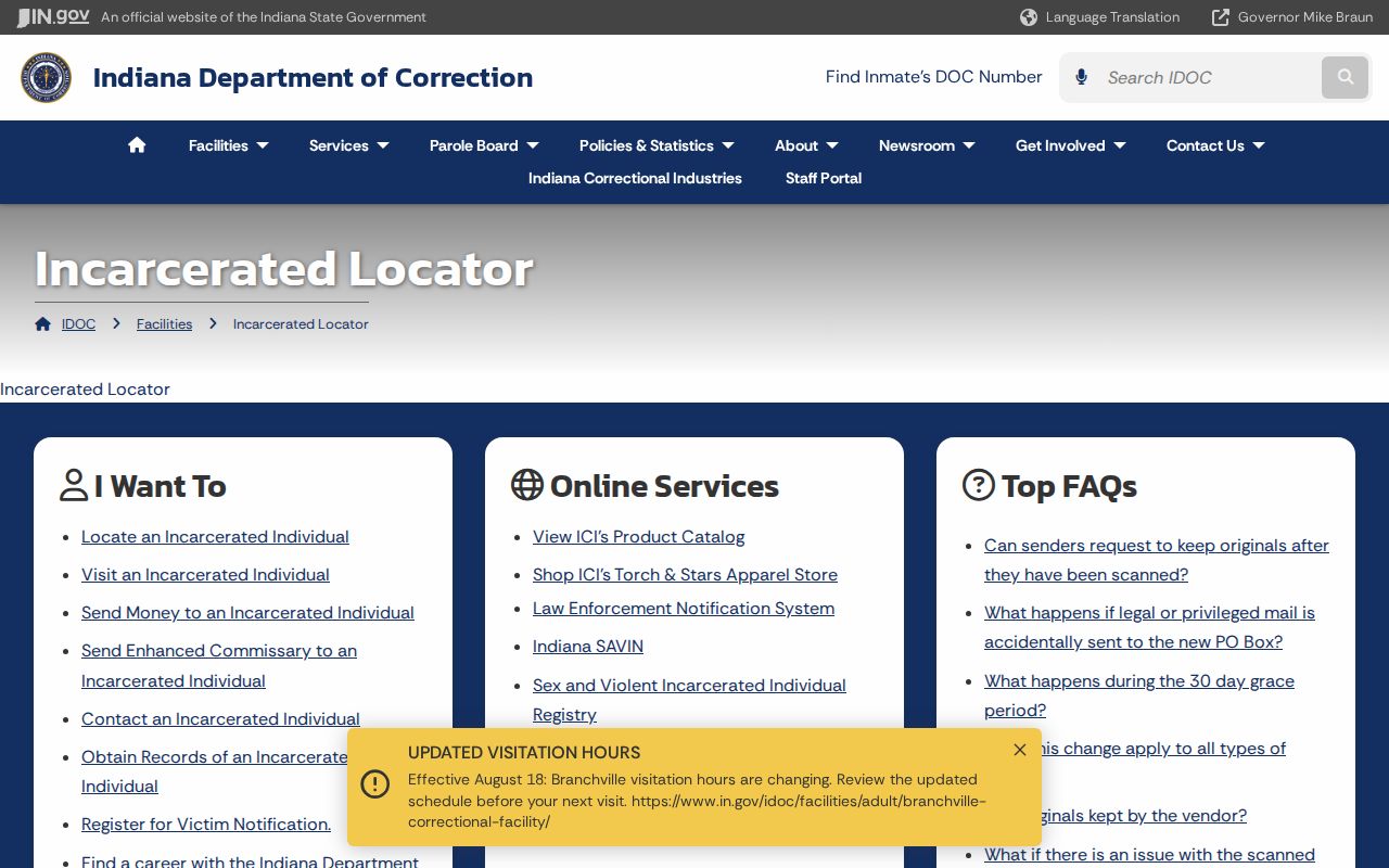 Indiana Department of Correction locator landing page for a limited custody search