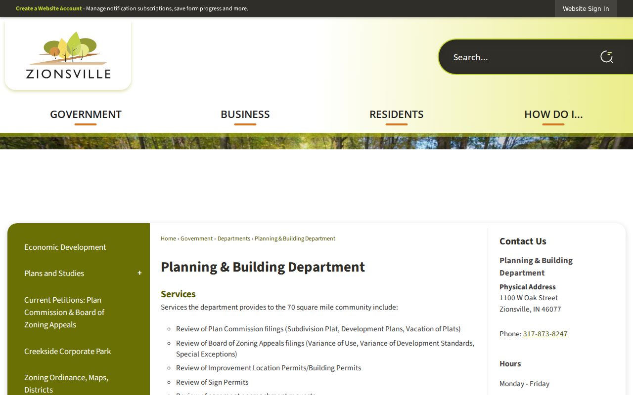 Zionsville Planning and Building Department page for address assignments and permits