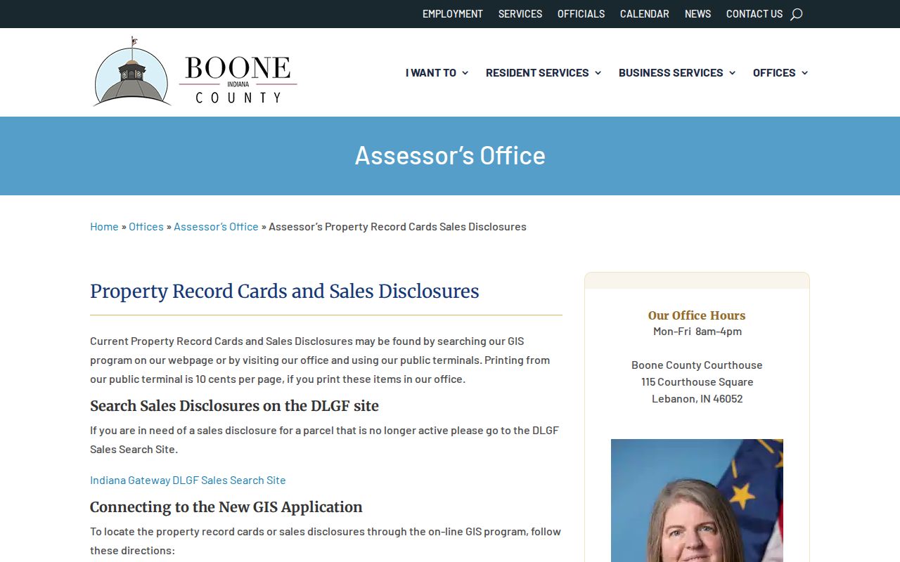 Boone County Assessor property record cards page used for Zionsville street research
