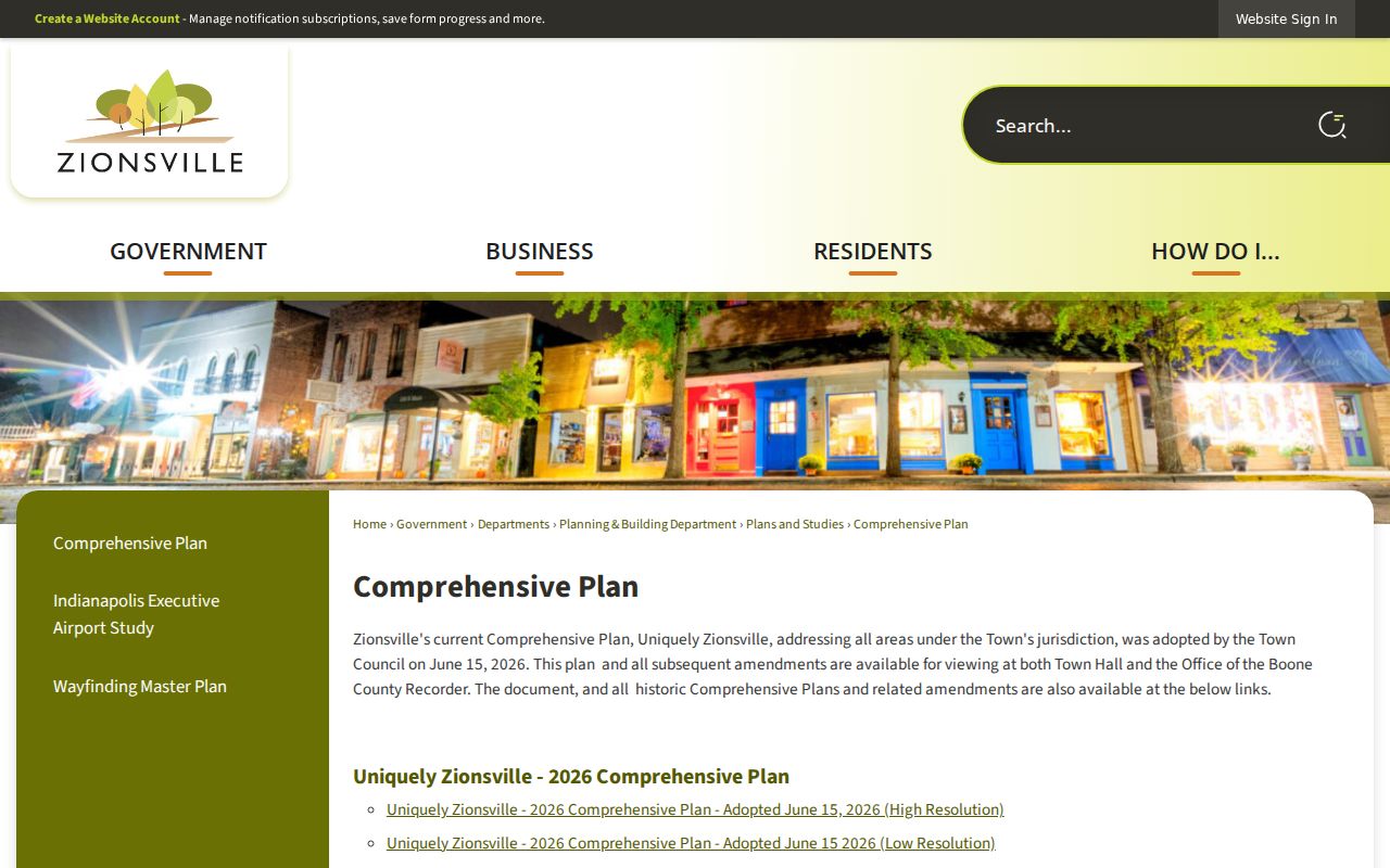 Zionsville comprehensive planning page used to compare town and ZIP geography